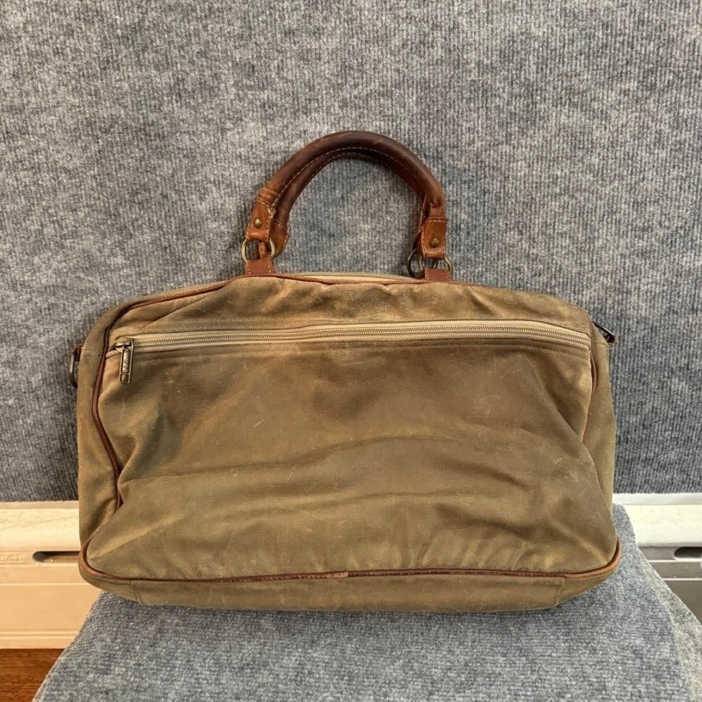 LL Bean Vintage Waxed Canvas Leather Briefcase Laptop Bag Olive Brown Satchel - Picture 3 of 16